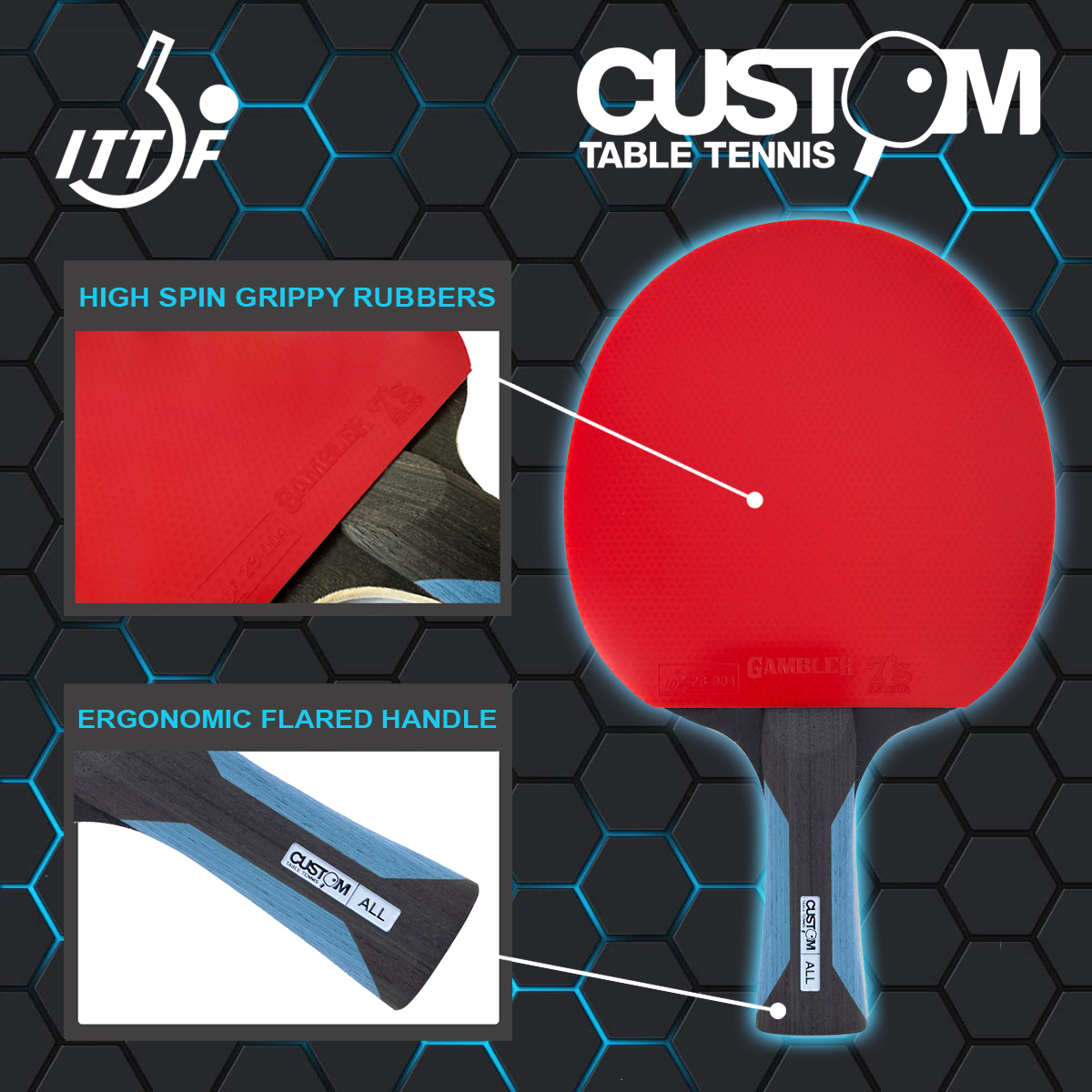 Custom Table Tennis Black Allround Gambler 7s Table Tennis Bat - Image 2
