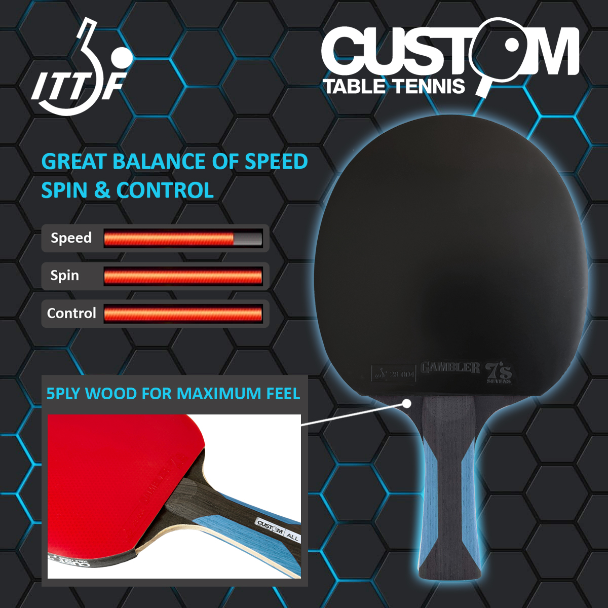 Custom Table Tennis Black Allround Gambler 7s Table Tennis Bat - Image 3